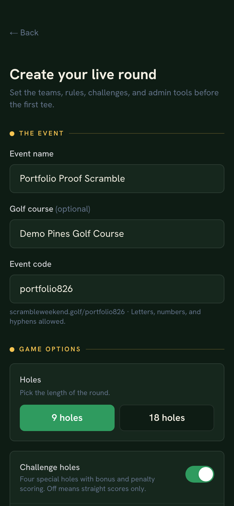Scramble Weekend create-event form on a phone, filled in with a demo event name, golf course, event code, a selected 9-hole option, and a Challenge holes toggle turned on.