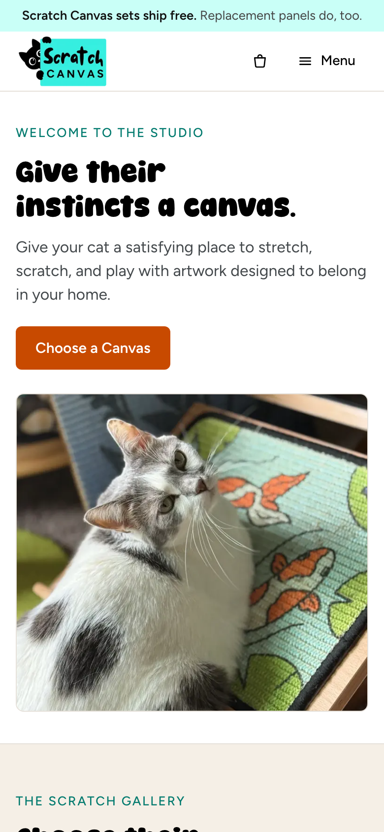 Scratch Canvas homepage on a phone-sized screen with the headline Give their instincts a canvas, a Choose a Canvas button, and Honey beside the Koi Scratch Canvas.