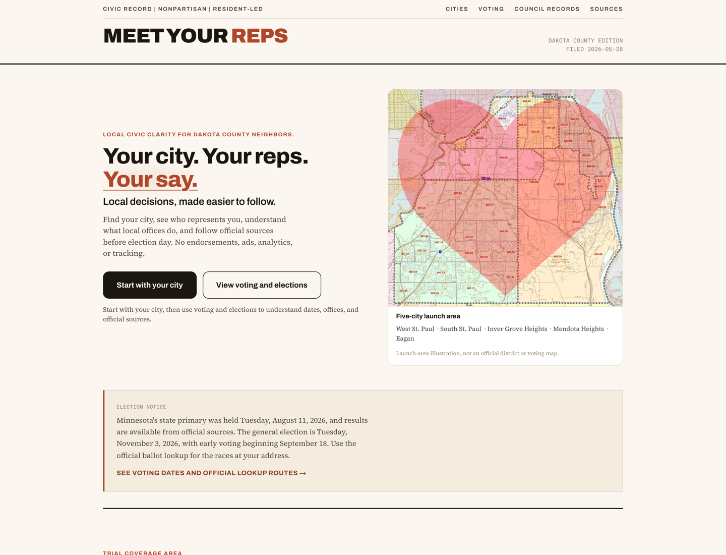 Meet Your Reps homepage with the headline Your city. Your reps. Your say., a civic record masthead, and a five-city Dakota County launch area.