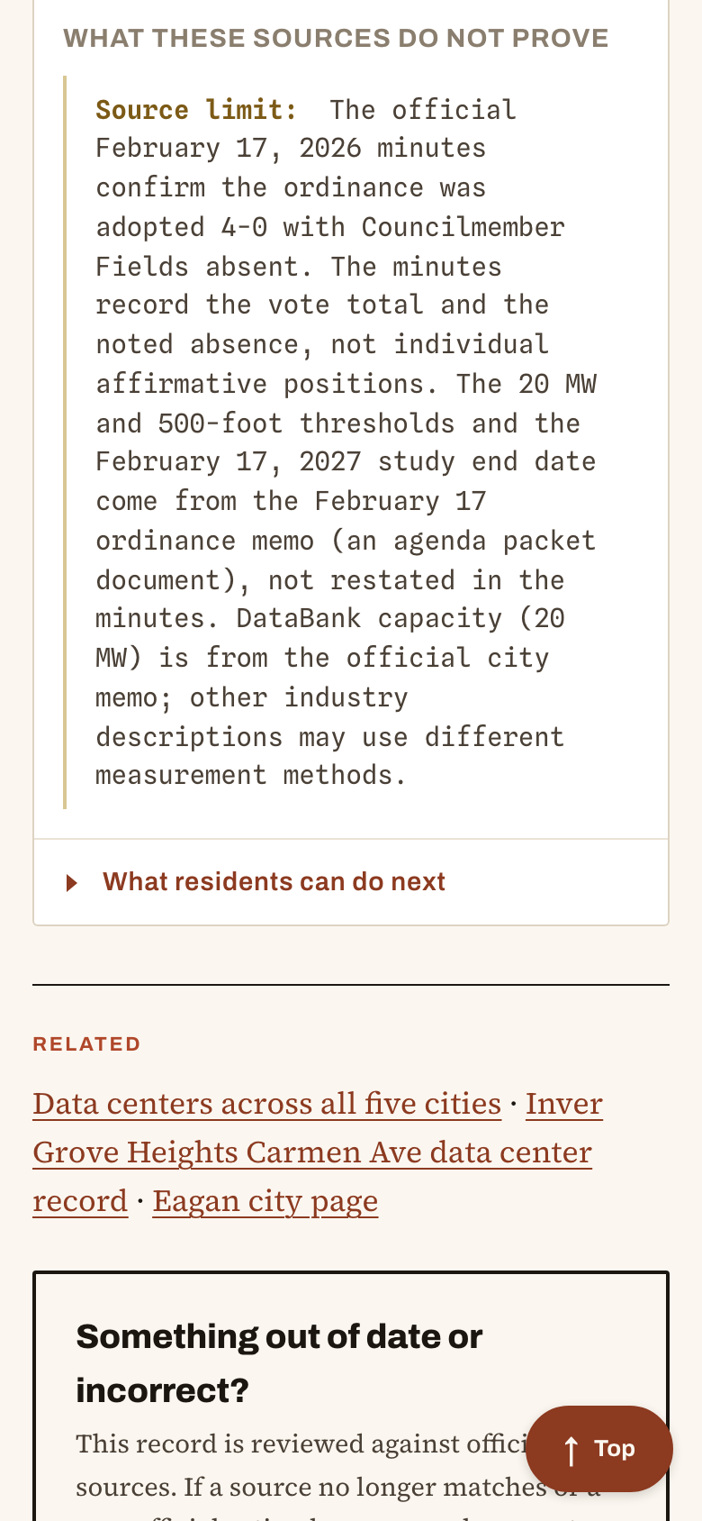 Meet Your Reps civic record on a phone showing a heading reading What these sources do not prove, a source limit note explaining that the official minutes record the vote total and a noted absence but not individual positions, a What residents can do next link, related record links, and the start of a Something out of date or incorrect correction panel.