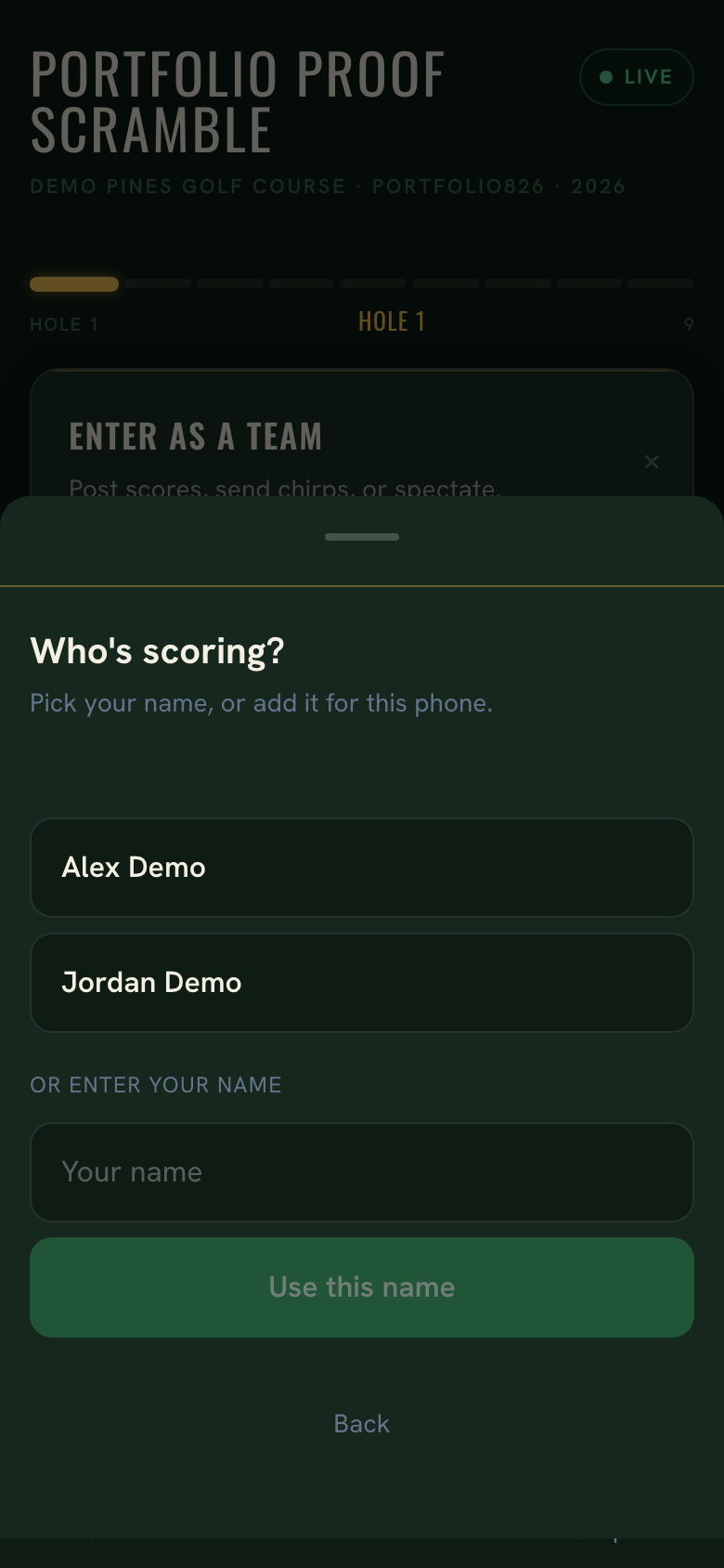 Join sheet asking Who's scoring?, with two demo player names to pick from and a field to enter a new name.
