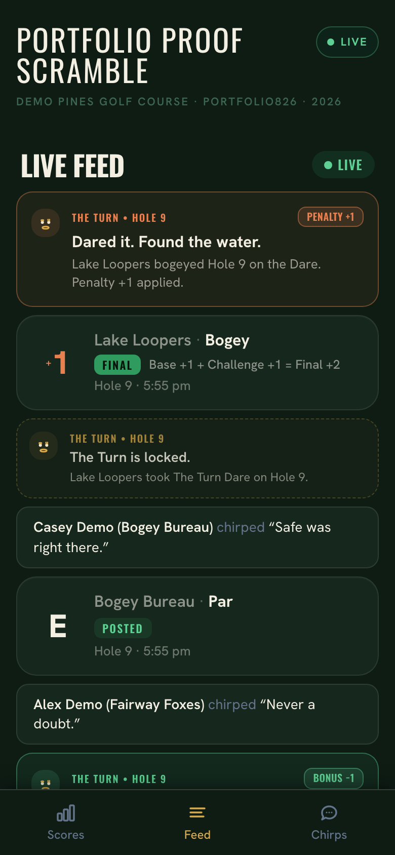 Live feed on a phone showing a challenge penalty card, a posted score with base, challenge, and final values, and chirps from demo players.