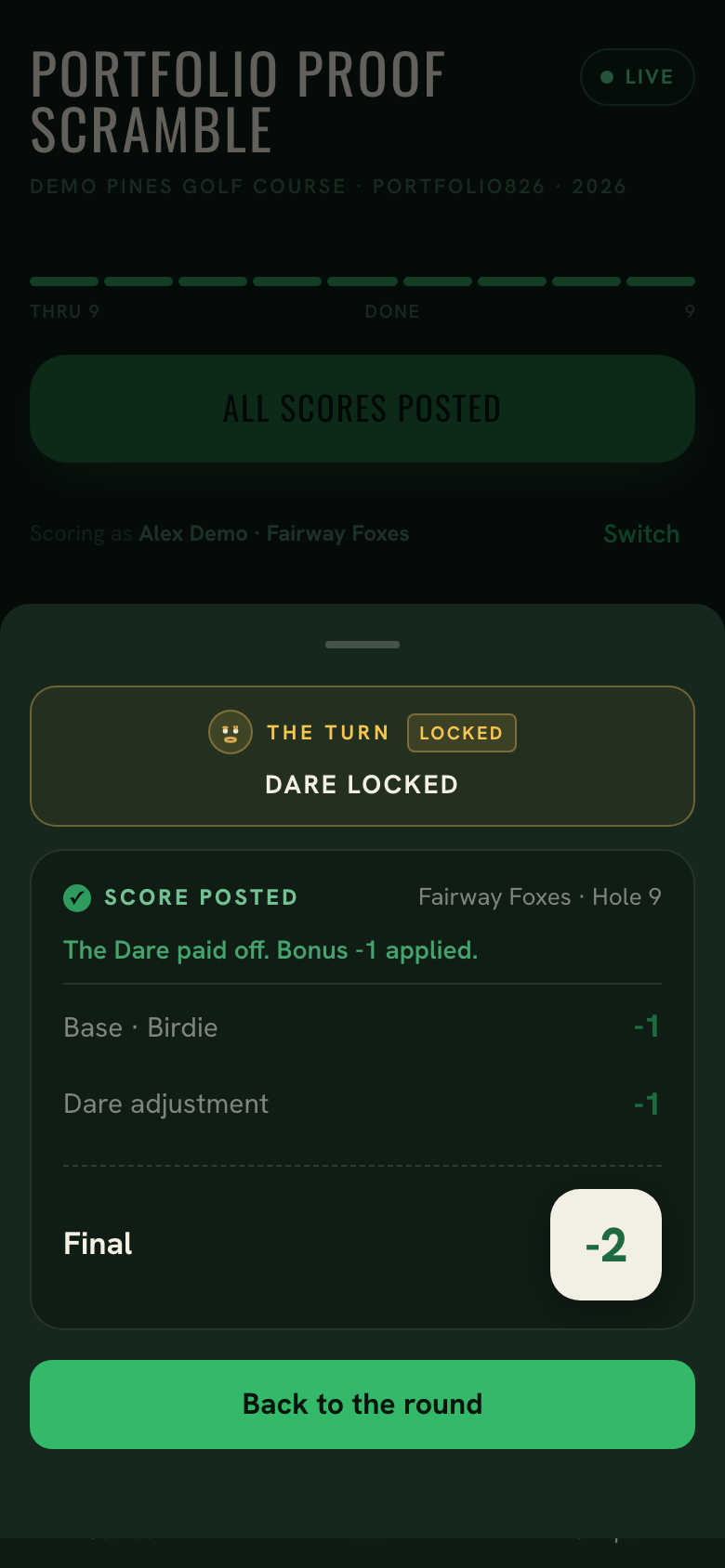 Score receipt showing Dare locked, the note The Dare paid off with bonus minus one applied, and a breakdown of base score, dare adjustment, and final score.