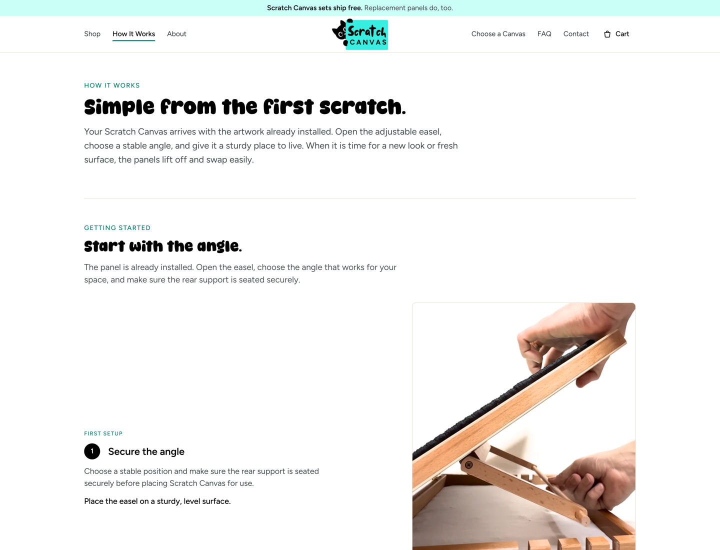 Scratch Canvas How It Works page explaining setup, with photos of the wooden easel being adjusted.