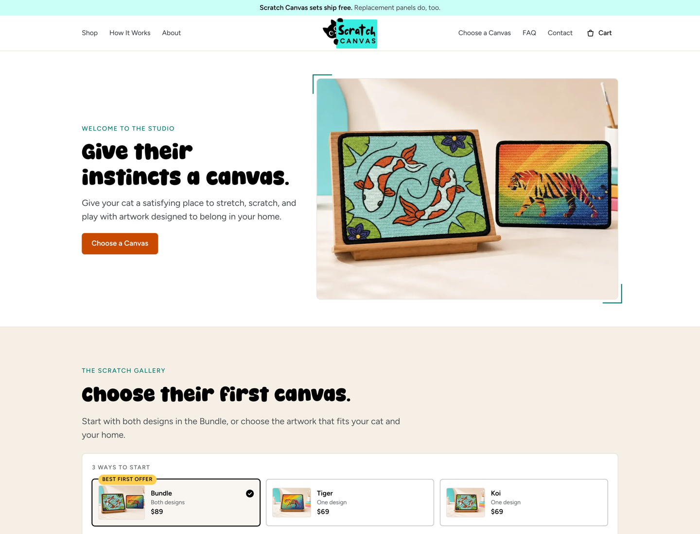 Scratch Canvas storefront homepage with the headline Give their instincts a canvas, product photography of two scratch panels on a wooden easel, and a Choose a Canvas button.
